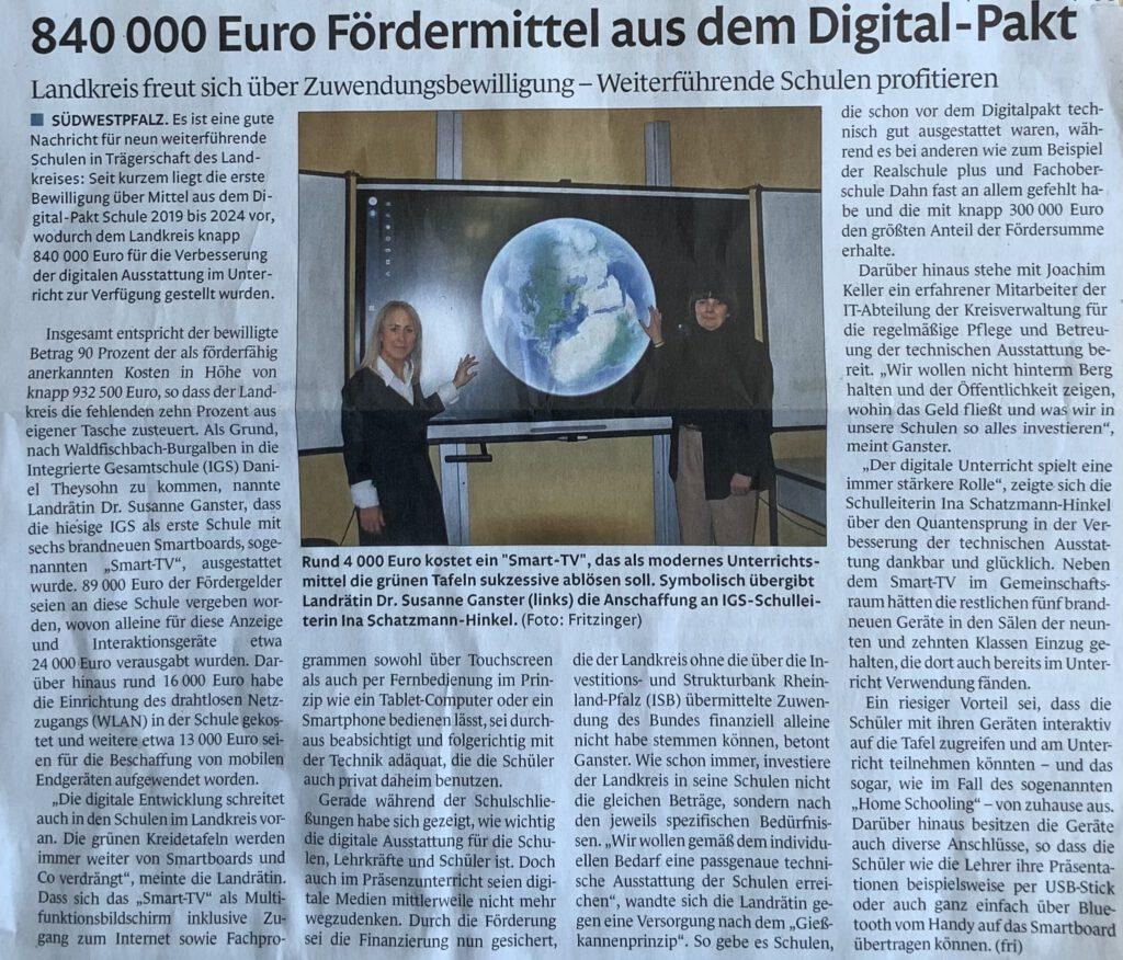 840000€ Fördermittel aus dem Digitalpakt, Pirmasenser Zeitung, 21.01.22