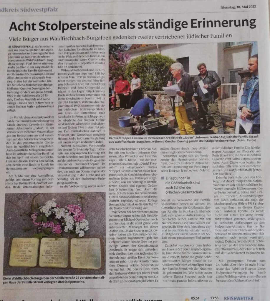 Acht Stolpersteine als stetige Erinnerung (Pirmasenser Zeitung, 10.05.2022)