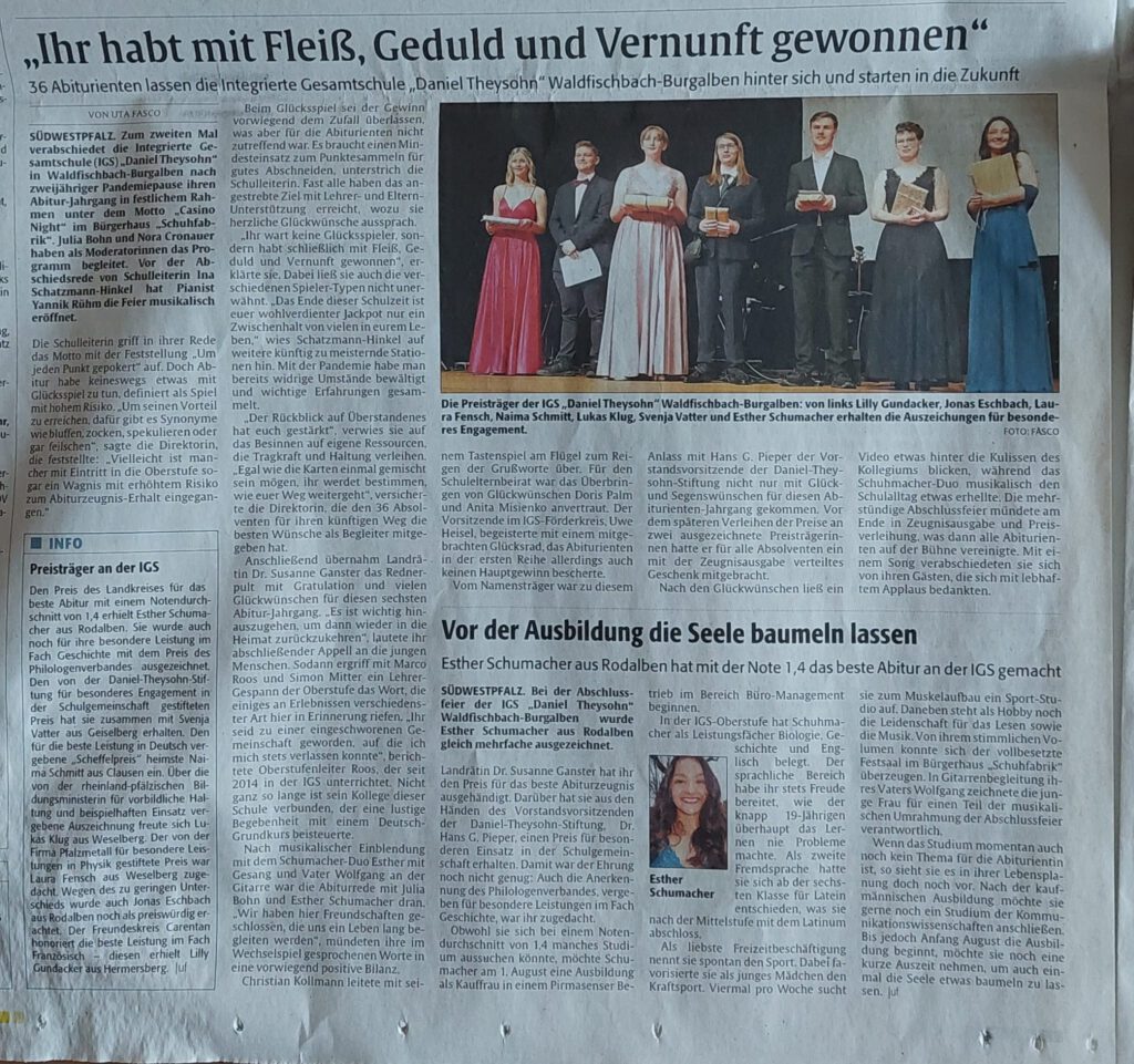 Artikel zum Abitur der Pirmasenser Zeitung 25.03.2023