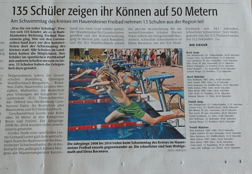 135 Schüler zeigen ihr Können auf 50 Metern (Pirmasenser Zeitung, 30.06.23)